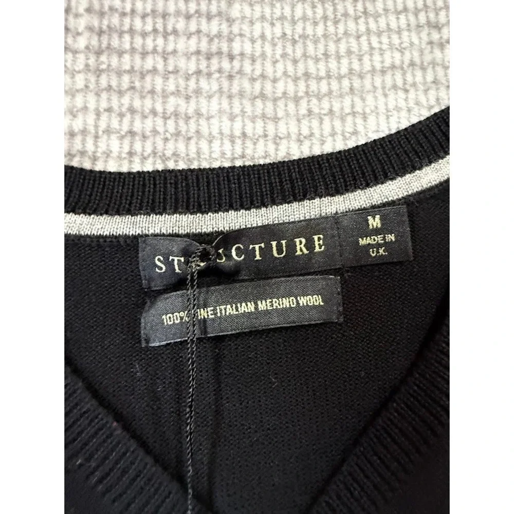 Structure Mens Argyle V-Neck Sweater Black Red Grey Italian‎ Merino Wool M Y2K